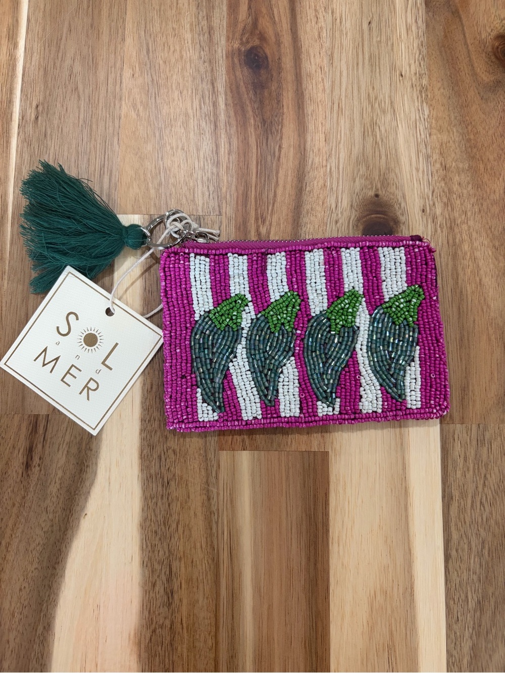 Sol and Mer Beaded chili pepper 🌶️ Coin Pouch - Pink & Green